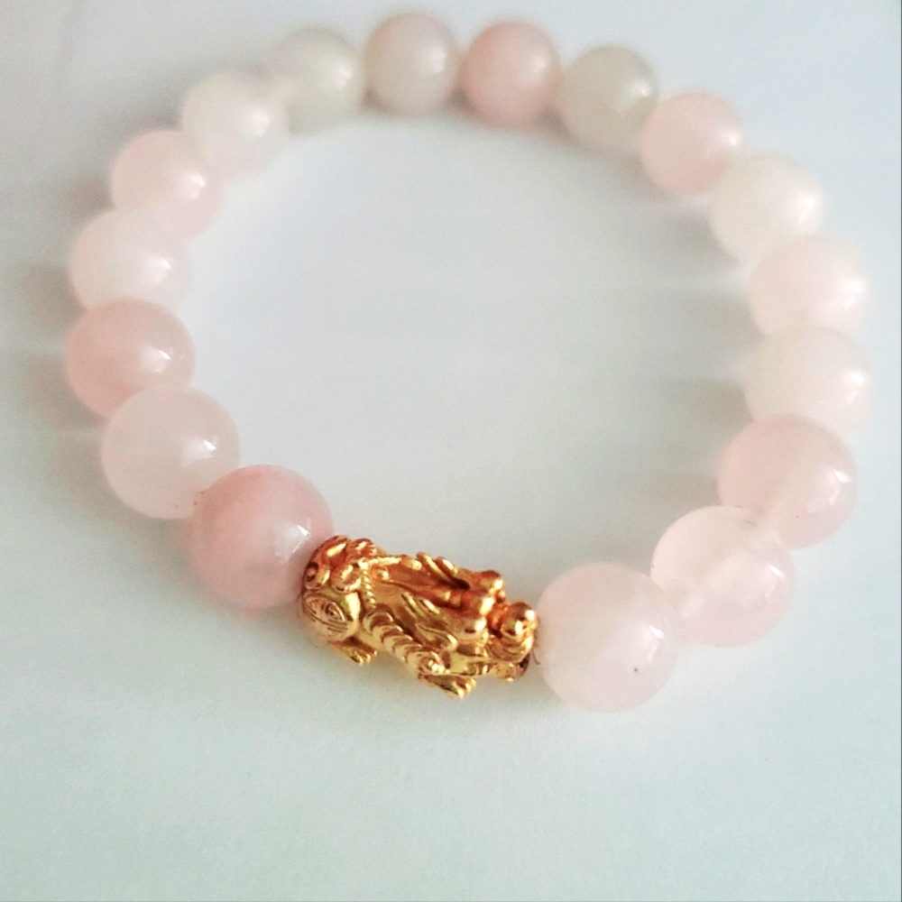 14K Gold Pixiu & Natural Rose Quartz Beads Stretch Bracelet Feng Shui Wealth - Picture 2 of 4